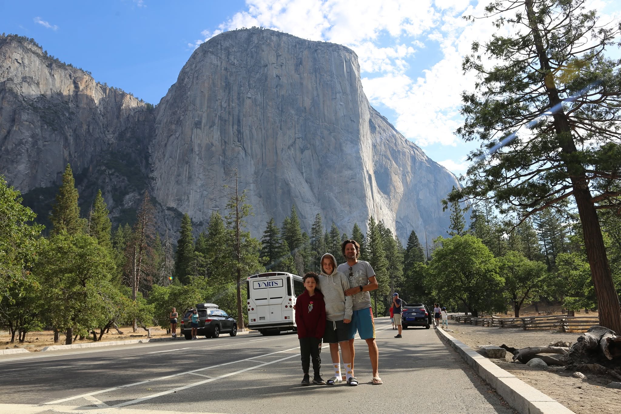 Dennis Goedegebuure with his sons in front of El Capitan, Yosemite National Park